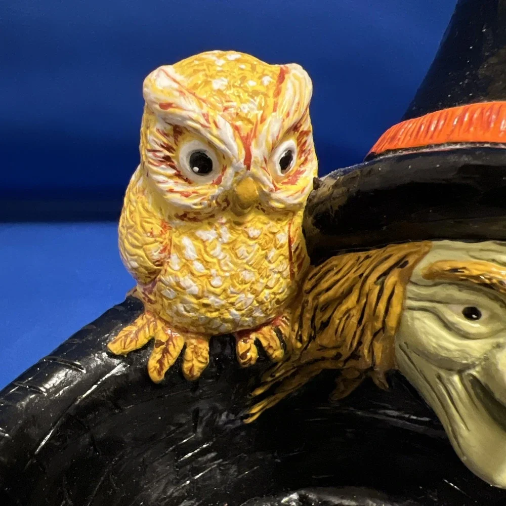 Vtg '85Accents Unltd Halloween Trick Or Treat Witch Owl Cat Chalkware Candy Bowl